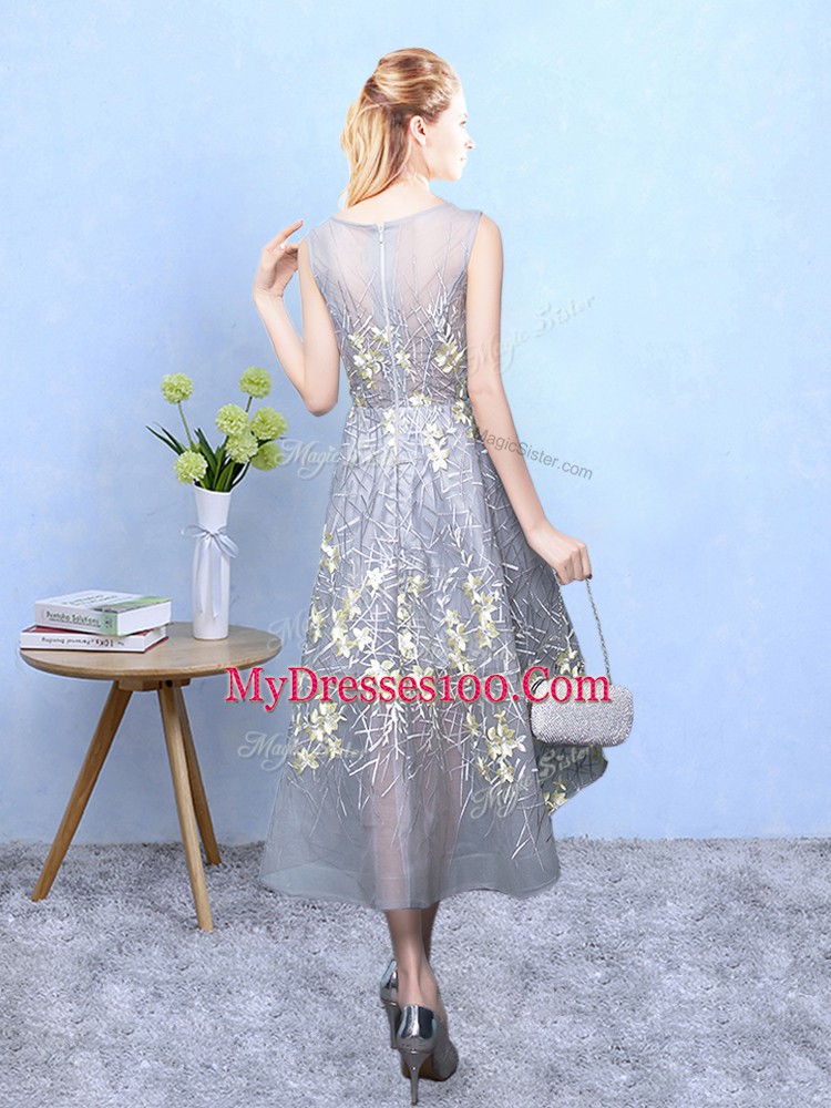 Scoop Sleeveless Zipper Bridesmaid Dress Grey Printed