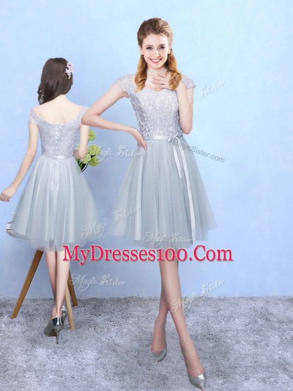 Best Cap Sleeves Tulle Knee Length Lace Up Dama Dress in Silver with Lace
