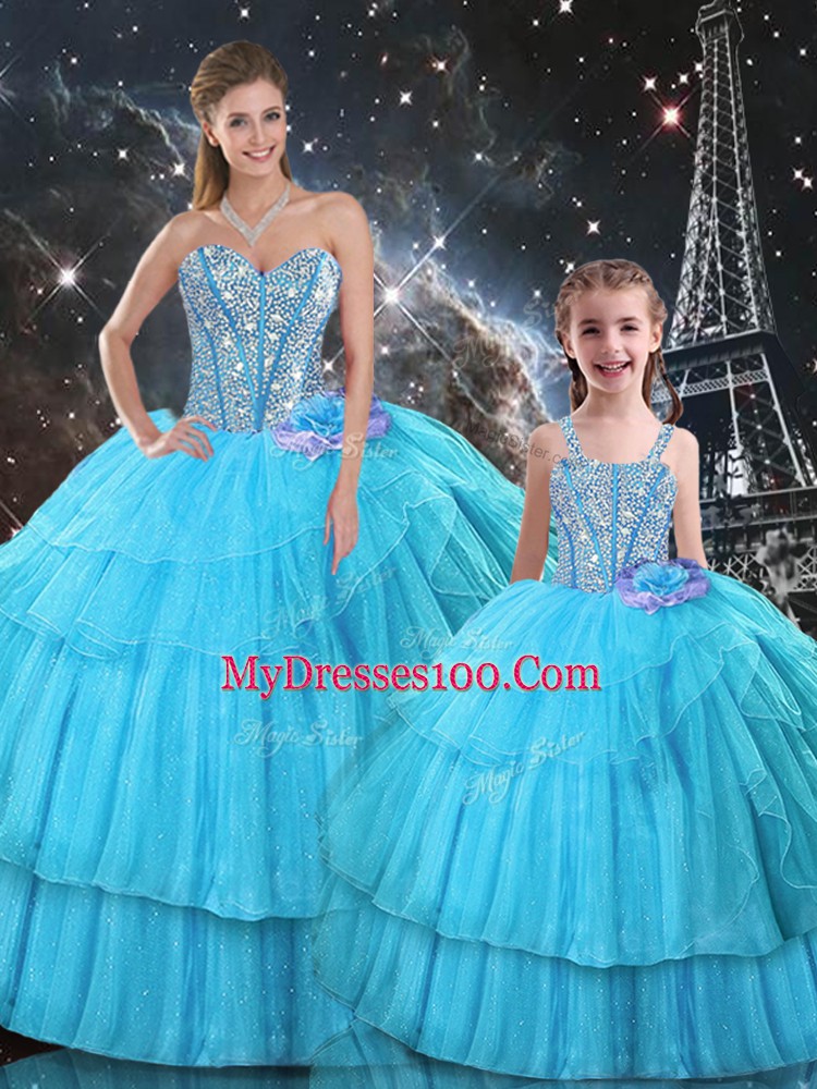 Aqua Blue Organza and Tulle Lace Up Sweetheart Sleeveless Floor Length 15 Quinceanera Dress Ruffled Layers and Sequins