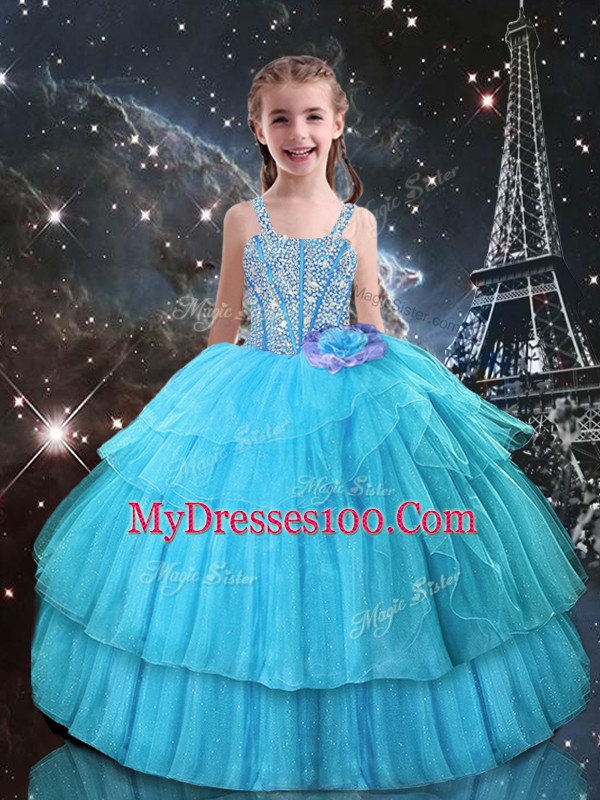 Aqua Blue Organza and Tulle Lace Up Sweetheart Sleeveless Floor Length 15 Quinceanera Dress Ruffled Layers and Sequins