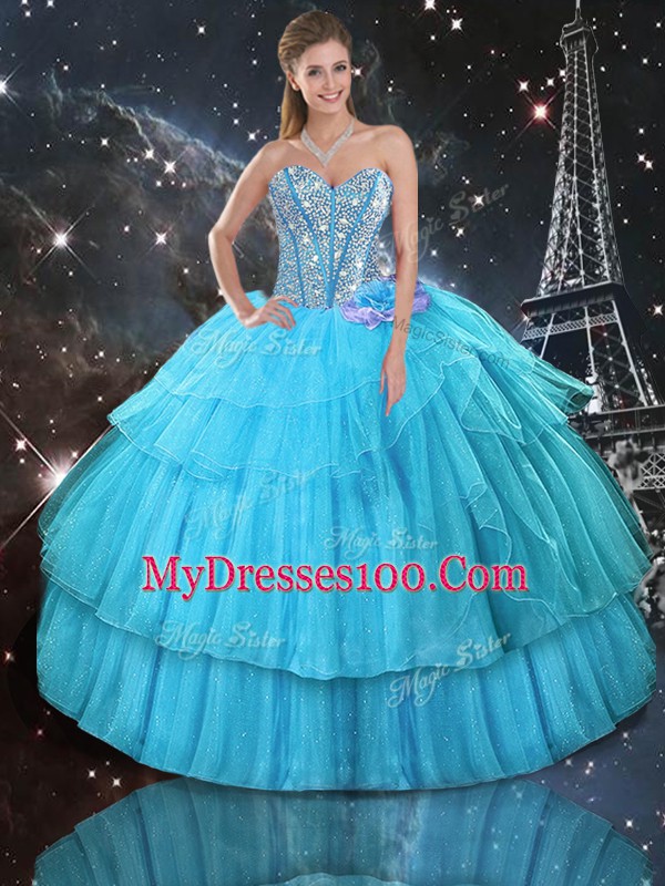 Aqua Blue Organza and Tulle Lace Up Sweetheart Sleeveless Floor Length 15 Quinceanera Dress Ruffled Layers and Sequins