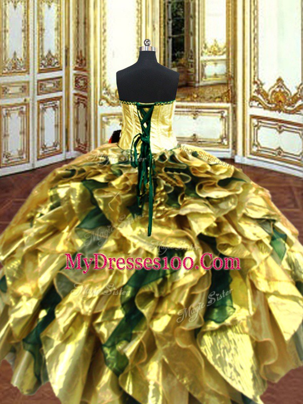 Fitting Floor Length Ball Gowns Sleeveless Gold Quinceanera Gowns Lace Up