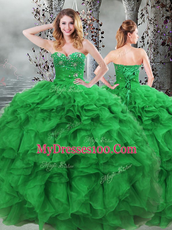 Stylish Green Sleeveless Beading and Ruffles Floor Length Quinceanera Gowns