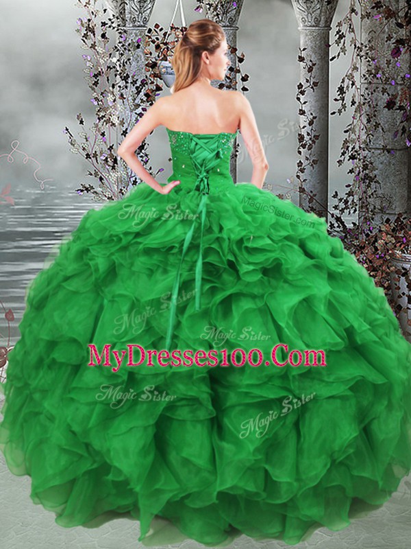 Stylish Green Sleeveless Beading and Ruffles Floor Length Quinceanera Gowns