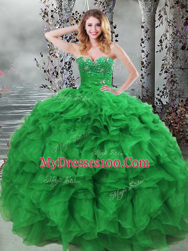 Stylish Green Sleeveless Beading and Ruffles Floor Length Quinceanera Gowns