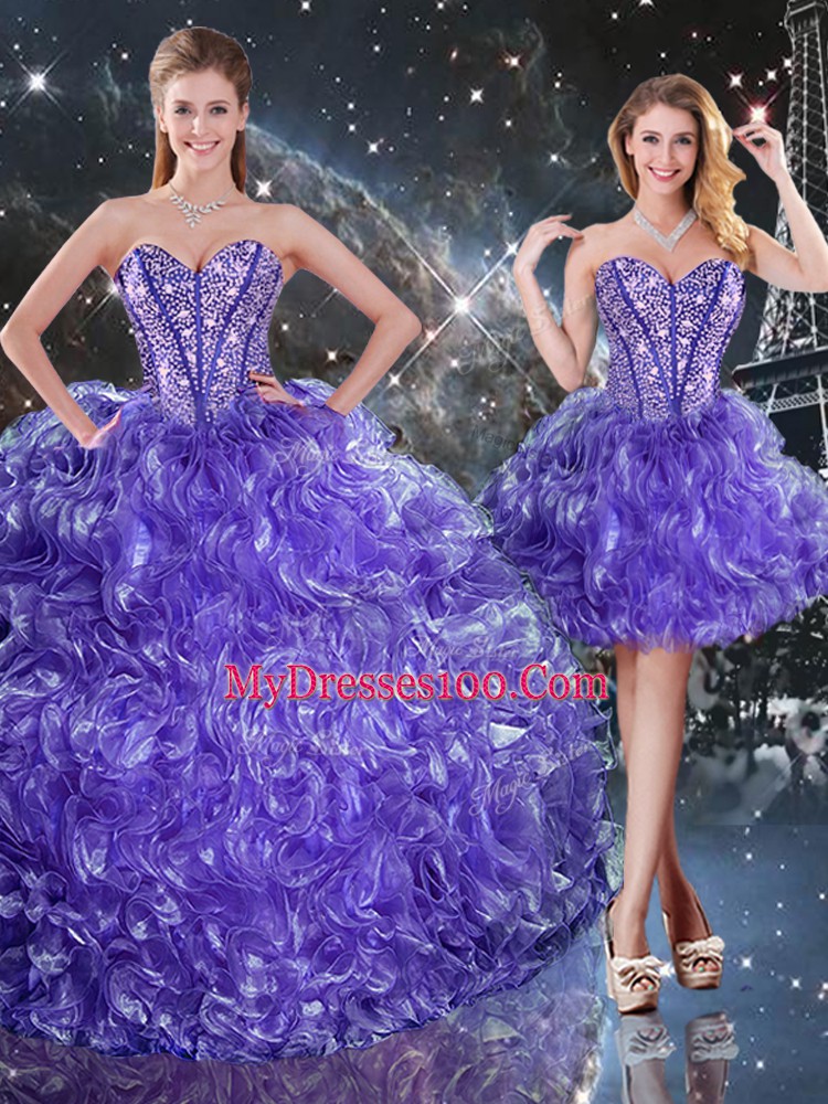 Sophisticated Sleeveless Organza Floor Length Lace Up Sweet 16 Dress in Purple with Beading and Ruffles
