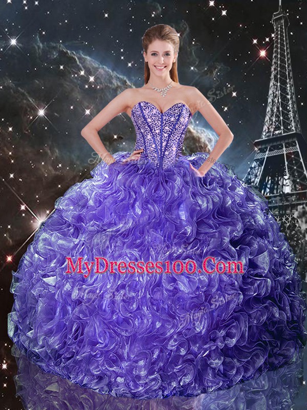 Sophisticated Sleeveless Organza Floor Length Lace Up Sweet 16 Dress in Purple with Beading and Ruffles