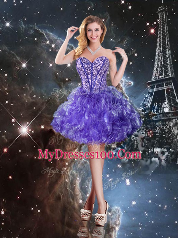 Sophisticated Sleeveless Organza Floor Length Lace Up Sweet 16 Dress in Purple with Beading and Ruffles
