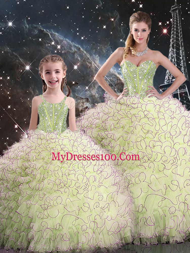 Yellow Green Ball Gowns Beading and Ruffles Quinceanera Dress Lace Up Organza Sleeveless Floor Length