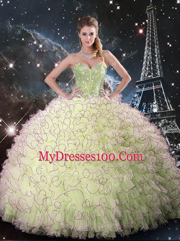 Yellow Green Ball Gowns Beading and Ruffles Quinceanera Dress Lace Up Organza Sleeveless Floor Length