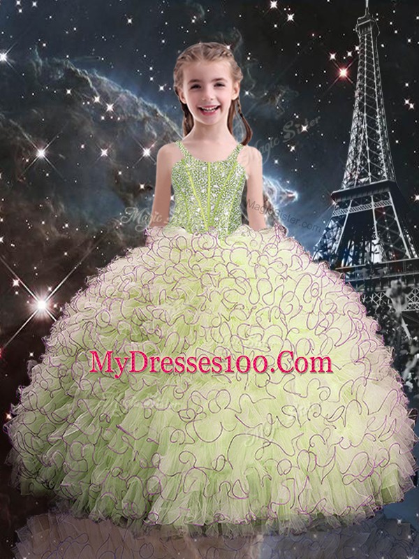 Yellow Green Ball Gowns Beading and Ruffles Quinceanera Dress Lace Up Organza Sleeveless Floor Length