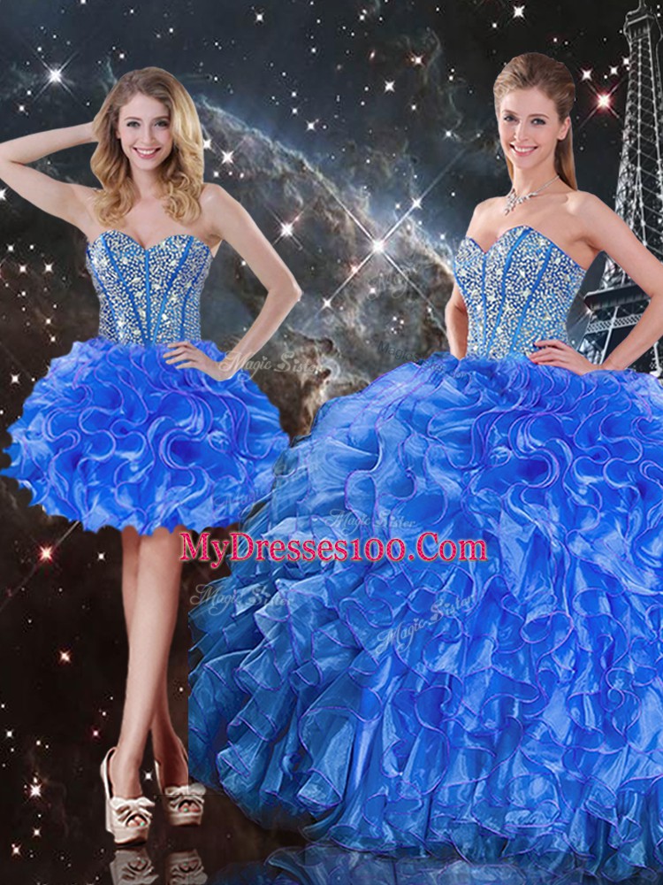 Royal Blue Ball Gowns Beading and Ruffles 15 Quinceanera Dress Lace Up Organza Sleeveless Floor Length
