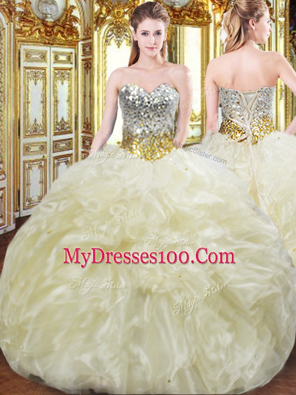 Ball Gowns 15th Birthday Dress Light Yellow Sweetheart Organza Sleeveless Floor Length Lace Up