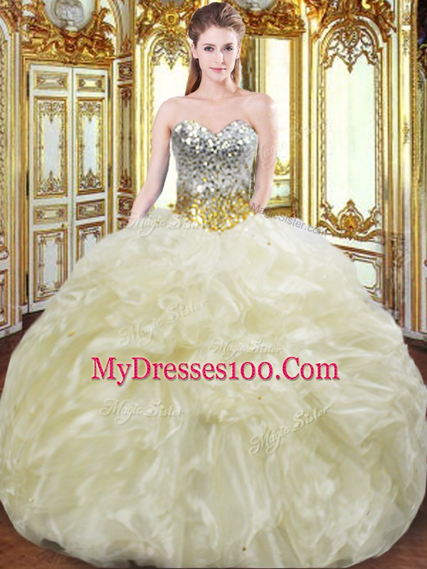 Ball Gowns 15th Birthday Dress Light Yellow Sweetheart Organza Sleeveless Floor Length Lace Up