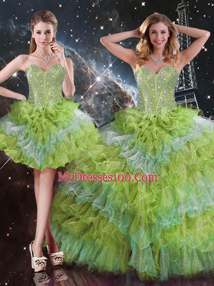 Sweet Sleeveless Floor Length Beading and Ruffled Layers Lace Up Quinceanera Dresses with Multi-color