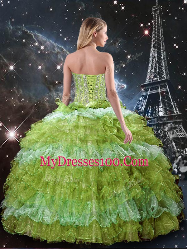 Sweet Sleeveless Floor Length Beading and Ruffled Layers Lace Up Quinceanera Dresses with Multi-color