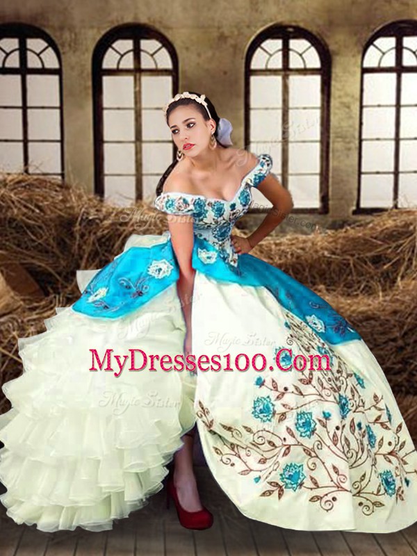 Sleeveless Floor Length Embroidery and Ruffled Layers Lace Up Quince Ball Gowns with Multi-color