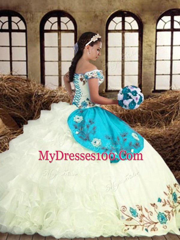 Sleeveless Floor Length Embroidery and Ruffled Layers Lace Up Quince Ball Gowns with Multi-color