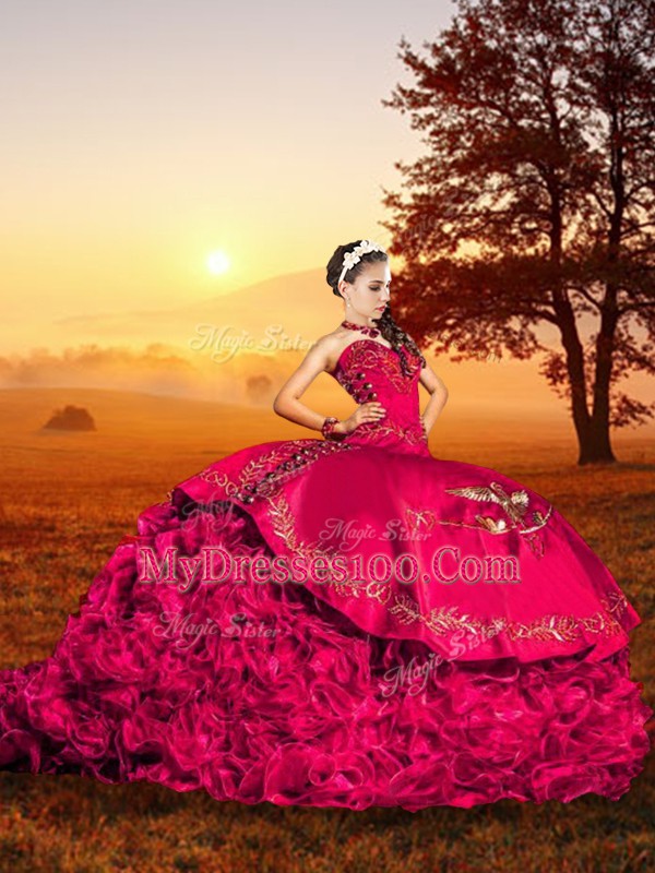 Red Lace Up Sweet 16 Dress Embroidery and Ruffles Sleeveless Brush Train