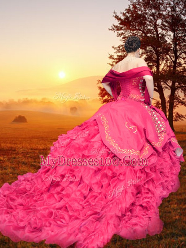 Red Lace Up Sweet 16 Dress Embroidery and Ruffles Sleeveless Brush Train