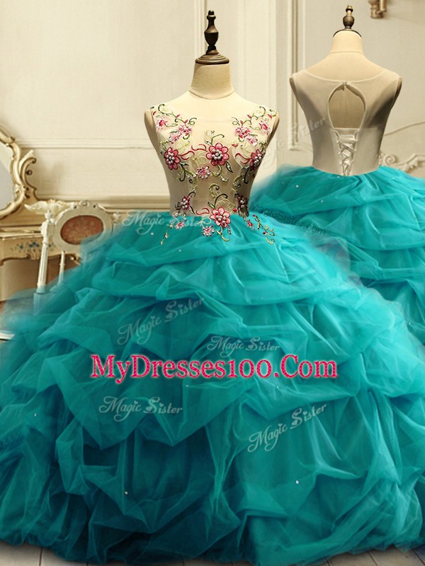 Deluxe Sleeveless Appliques and Ruffles and Sequins Lace Up 15th Birthday Dress