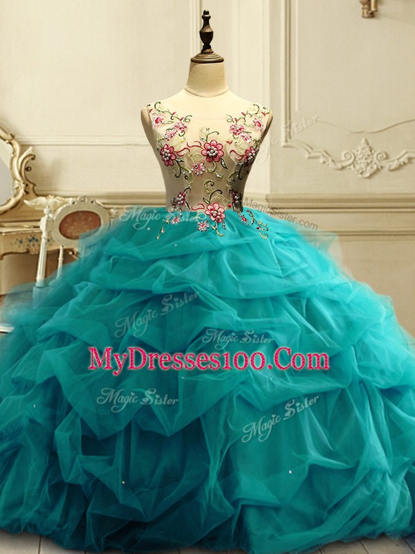 Deluxe Sleeveless Appliques and Ruffles and Sequins Lace Up 15th Birthday Dress