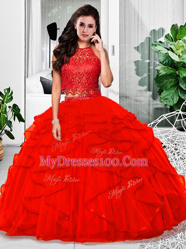 Red Tulle Zipper Quinceanera Gown Sleeveless Floor Length Lace and Ruffles