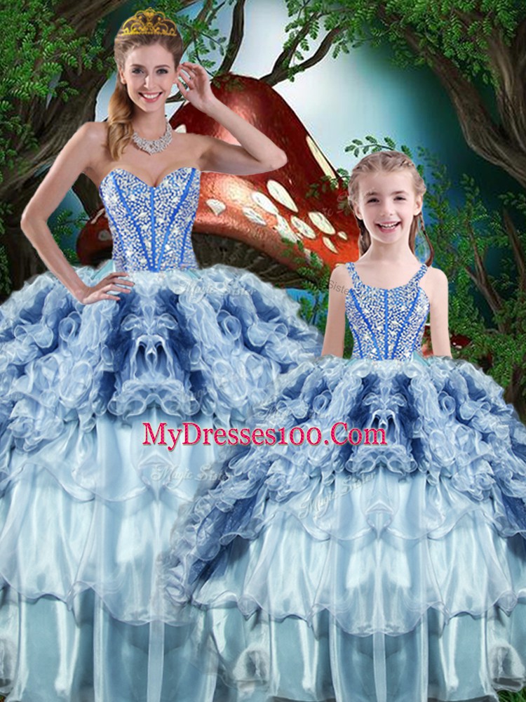 Elegant Multi-color Ball Gowns Organza Sweetheart Sleeveless Beading and Ruffles and Ruffled Layers Floor Length Lace Up Vestidos de Quinceanera