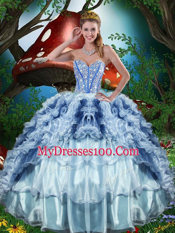 Elegant Multi-color Ball Gowns Organza Sweetheart Sleeveless Beading and Ruffles and Ruffled Layers Floor Length Lace Up Vestidos de Quinceanera