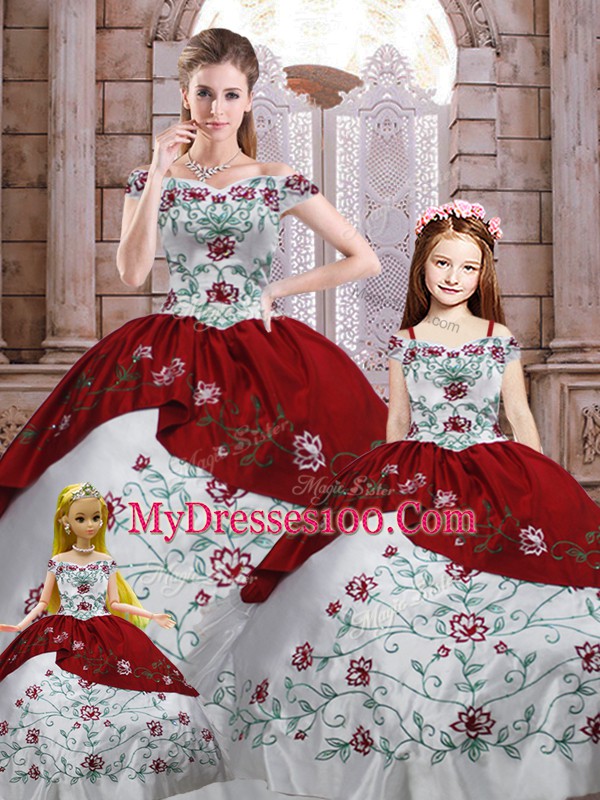 Lovely Embroidery Sweet 16 Dress White And Red Lace Up Sleeveless Floor Length