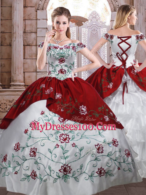 Lovely Embroidery Sweet 16 Dress White And Red Lace Up Sleeveless Floor Length