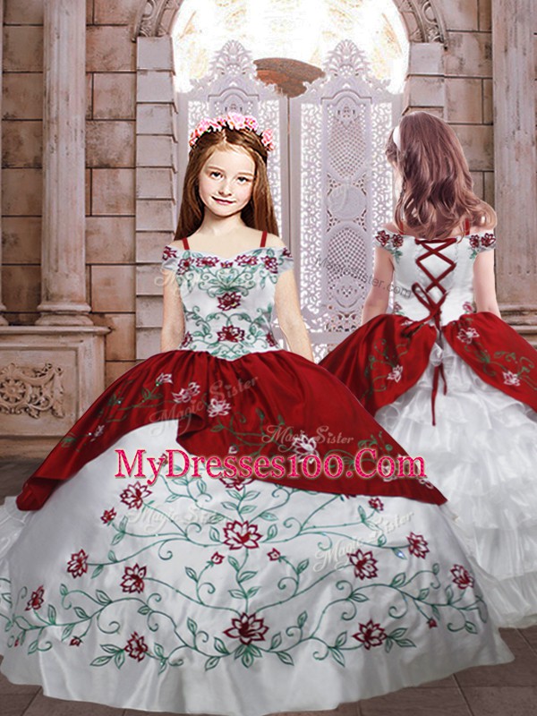 Lovely Embroidery Sweet 16 Dress White And Red Lace Up Sleeveless Floor Length