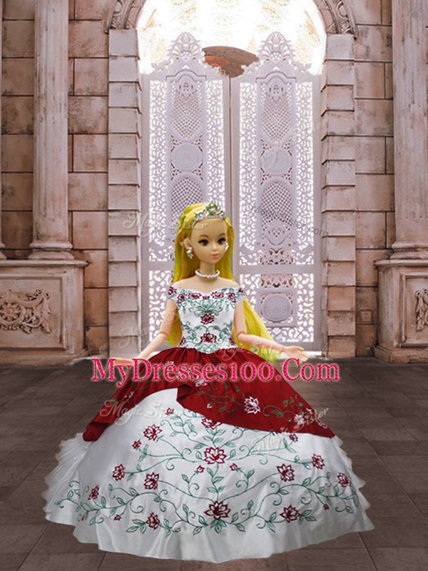 Lovely Embroidery Sweet 16 Dress White And Red Lace Up Sleeveless Floor Length