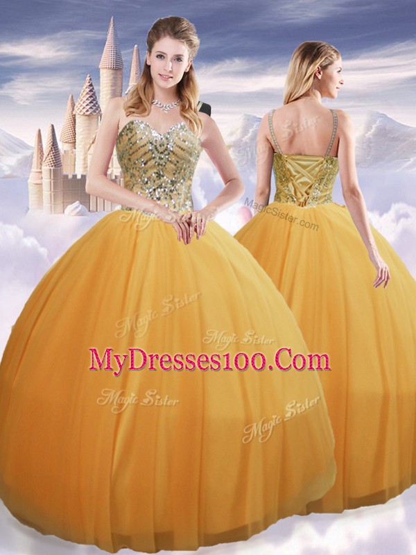 Gold Quinceanera Dress Military Ball and Sweet 16 with Beading Spaghetti Straps Sleeveless Lace Up