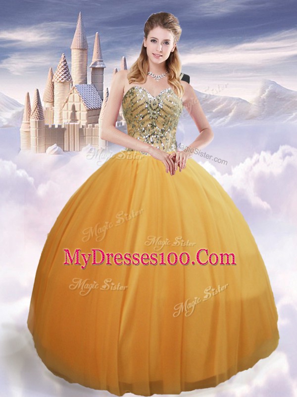 Gold Quinceanera Dress Military Ball and Sweet 16 with Beading Spaghetti Straps Sleeveless Lace Up