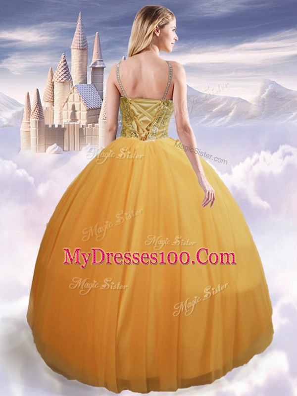 Gold Quinceanera Dress Military Ball and Sweet 16 with Beading Spaghetti Straps Sleeveless Lace Up