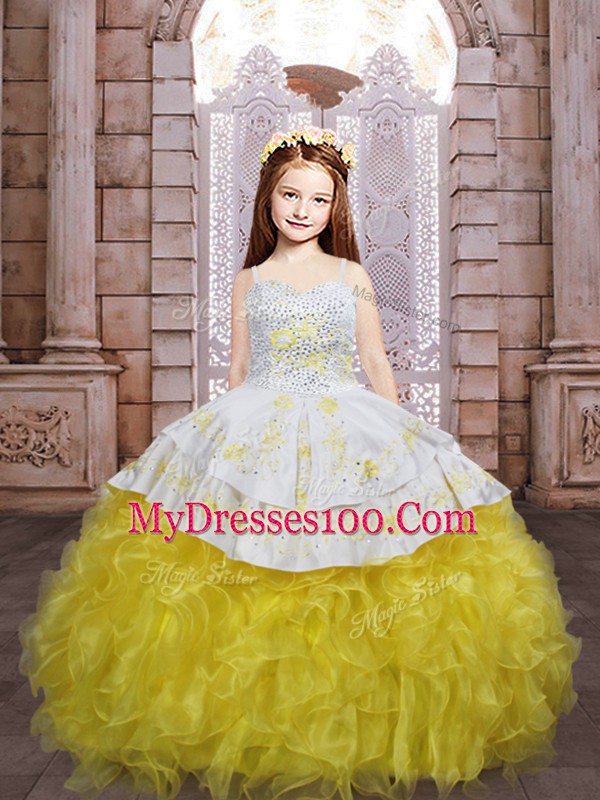 Spaghetti Straps Sleeveless Organza Girls Pageant Dresses Embroidery and Ruffles Brush Train Lace Up