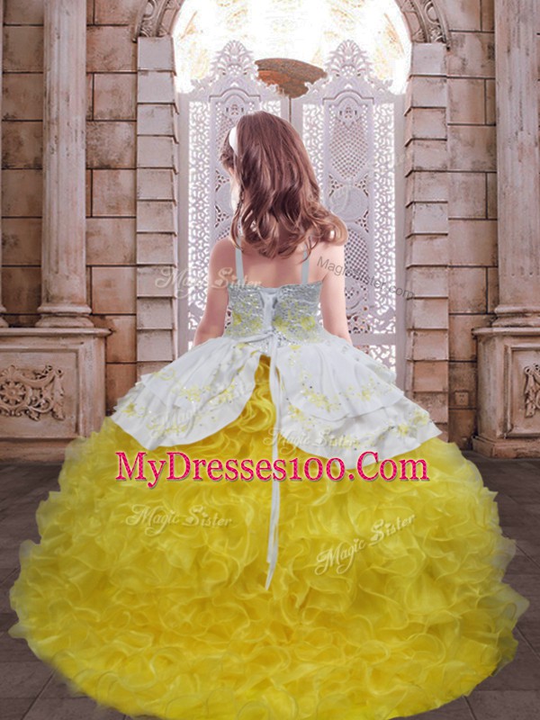 Spaghetti Straps Sleeveless Organza Girls Pageant Dresses Embroidery and Ruffles Brush Train Lace Up