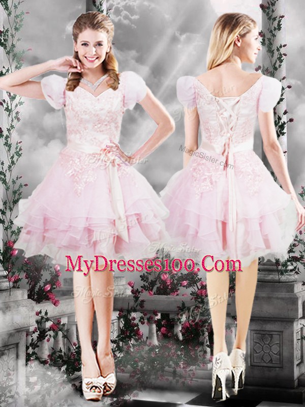 Cute Knee Length Baby Pink Prom Party Dress Organza Short Sleeves Beading and Appliques and Ruffles and Hand Made Flower