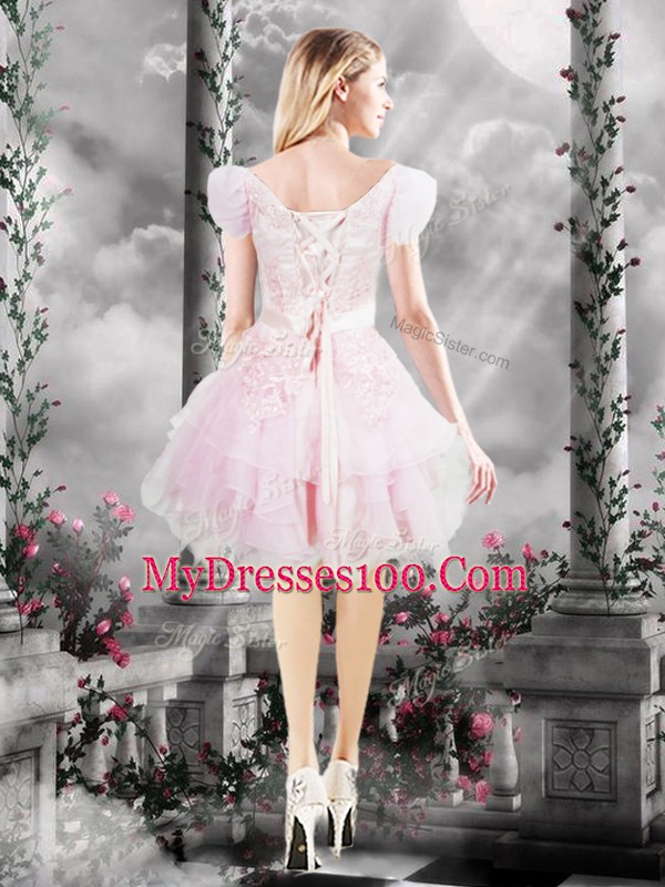 Cute Knee Length Baby Pink Prom Party Dress Organza Short Sleeves Beading and Appliques and Ruffles and Hand Made Flower