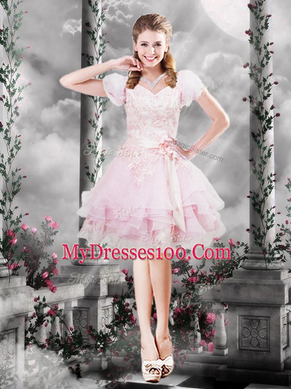 Cute Knee Length Baby Pink Prom Party Dress Organza Short Sleeves Beading and Appliques and Ruffles and Hand Made Flower