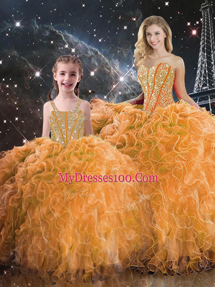Sweetheart Sleeveless Quince Ball Gowns Floor Length Beading and Ruffles Orange Organza