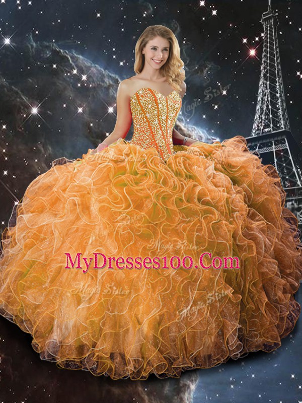 Sweetheart Sleeveless Quince Ball Gowns Floor Length Beading and Ruffles Orange Organza
