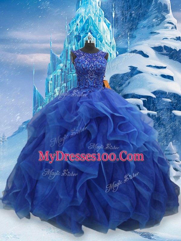Glamorous Scoop Sleeveless Lace Up Ball Gown Prom Dress Blue Organza
