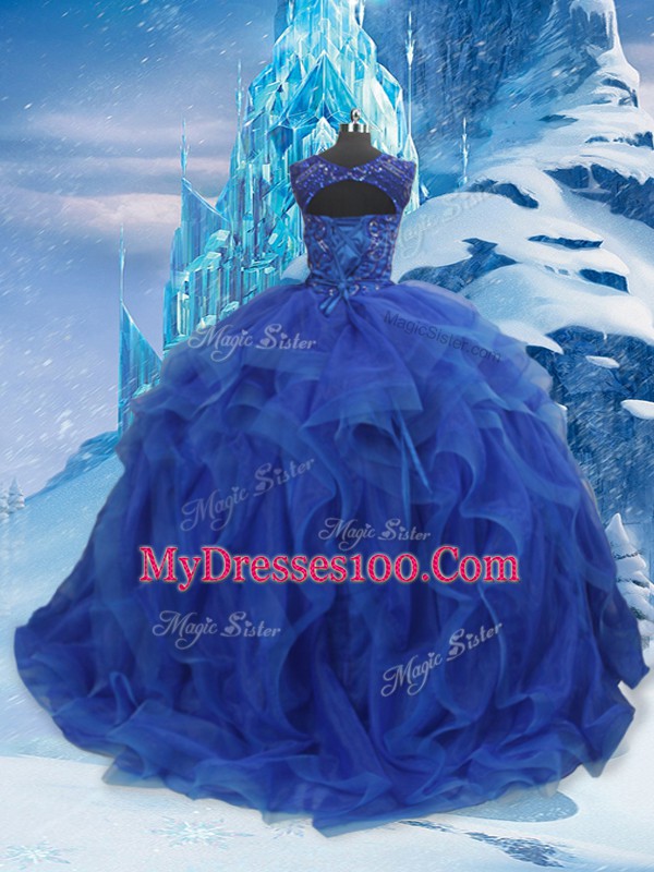 Glamorous Scoop Sleeveless Lace Up Ball Gown Prom Dress Blue Organza