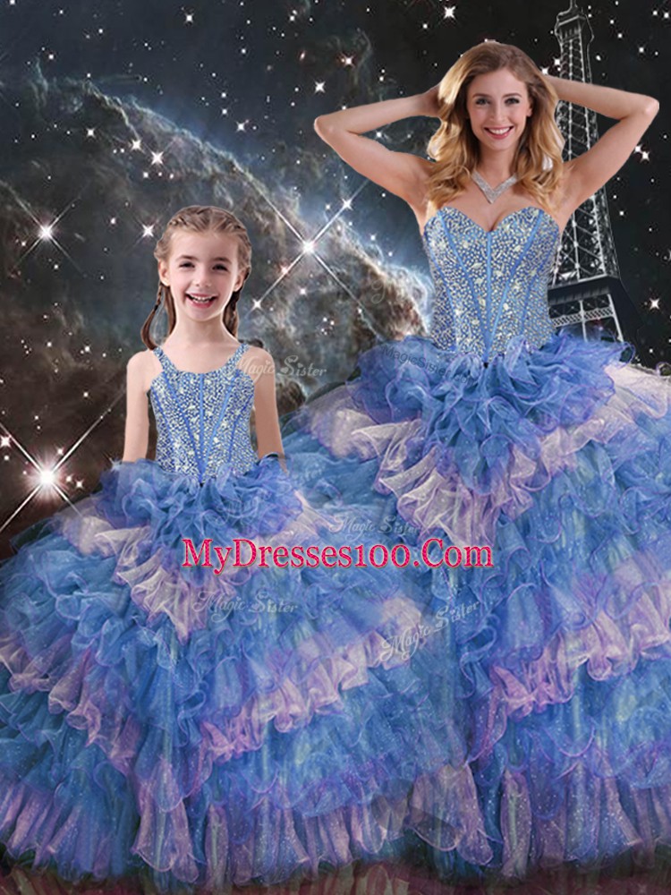 Sophisticated Multi-color Organza Lace Up Sweetheart Sleeveless Floor Length Quinceanera Gown Beading and Ruffled Layers