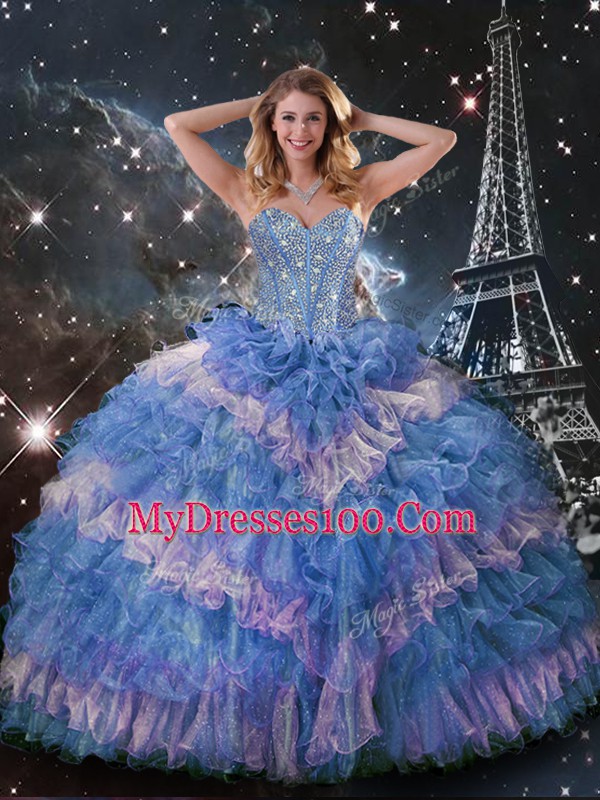 Sophisticated Multi-color Organza Lace Up Sweetheart Sleeveless Floor Length Quinceanera Gown Beading and Ruffled Layers