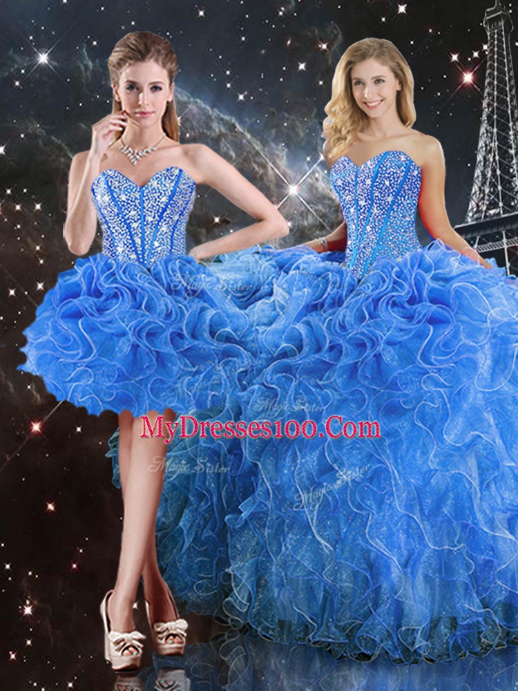 Sweetheart Sleeveless Organza Quinceanera Dresses Beading and Ruffles Lace Up