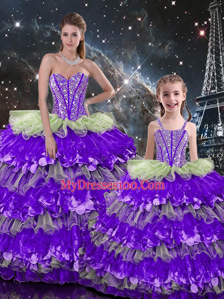 Dynamic Multi-color Lace Up Sweetheart Beading and Ruffles Quince Ball Gowns Organza Sleeveless