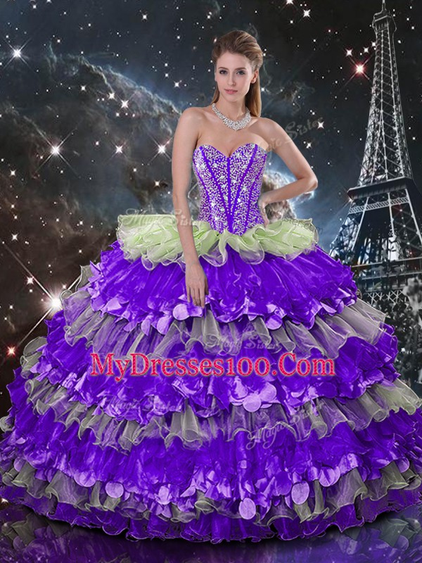 Dynamic Multi-color Lace Up Sweetheart Beading and Ruffles Quince Ball Gowns Organza Sleeveless